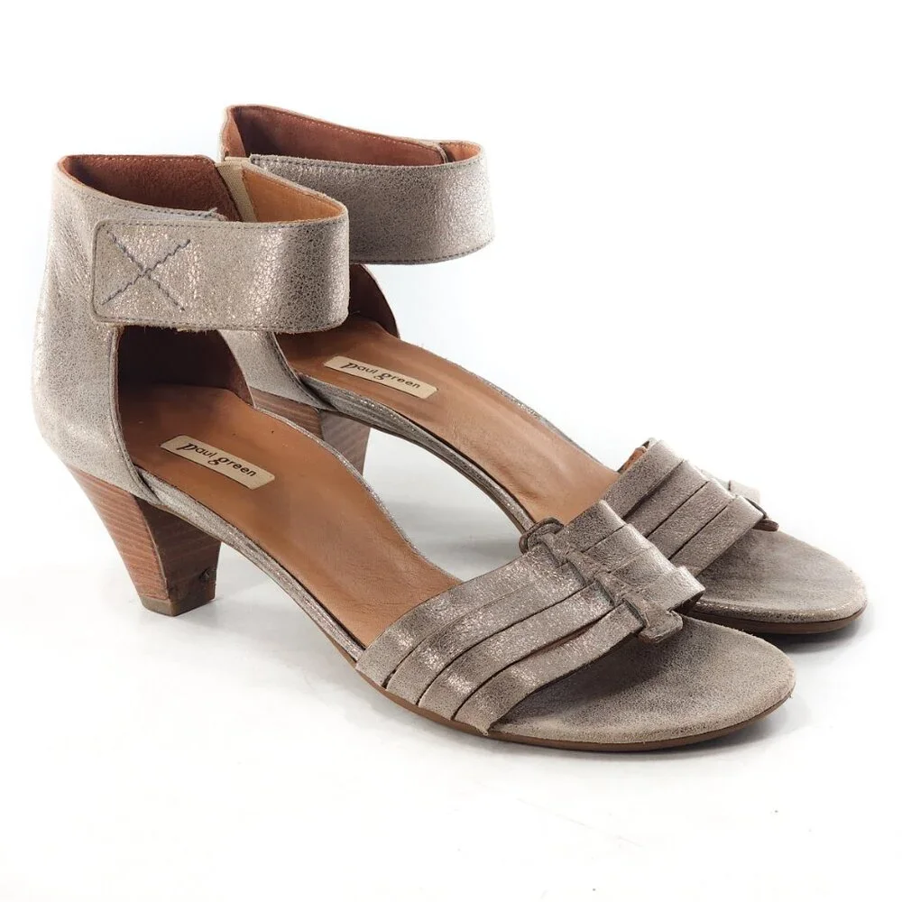 PAUL GREEN Coco Silver Metallic‎ Leather Ankle Strap Sandals